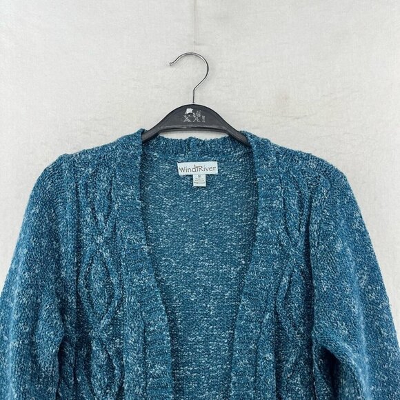 WindiRiver Cardigan Women's S Blue Heathered Cable Knit Open Front Ribbed Trim - Picture 6 of 12